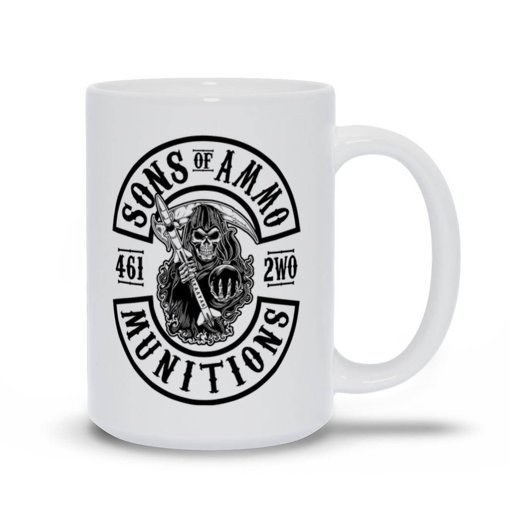 Sons Of AMMO Grim Reaper Sickle Pisspot Missile Logo White Coffee Mug